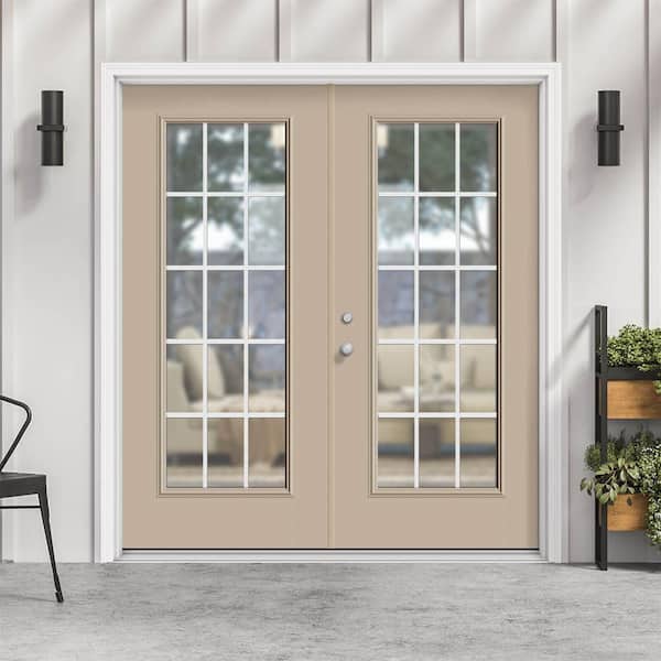 72 in. x 80 in. Canyon View Fiberglass Prehung Right-Hand Inswing GBG 15-Lite Clear Glass Patio Door with Vinyl Frame