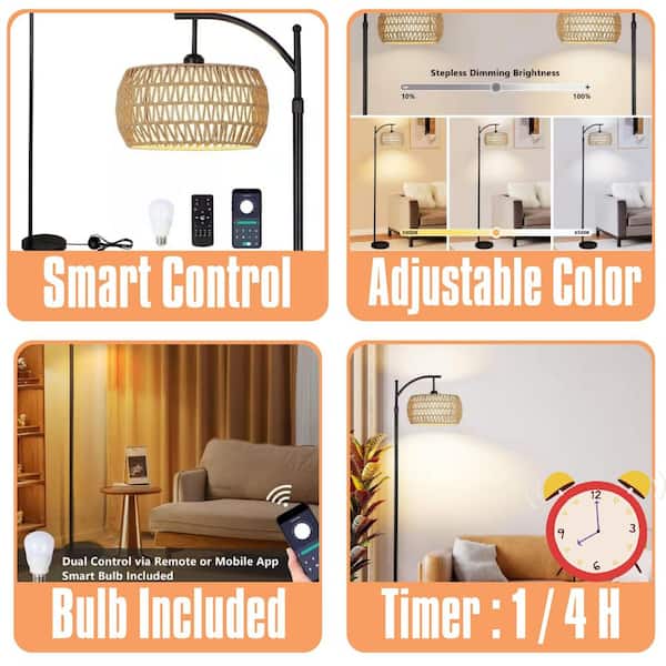 Modern 72.8 in. Black Boho 1-Light Smart Dimmable Arc Floor Lamp Living Room with Rattan, Fabric Double Drum Shade