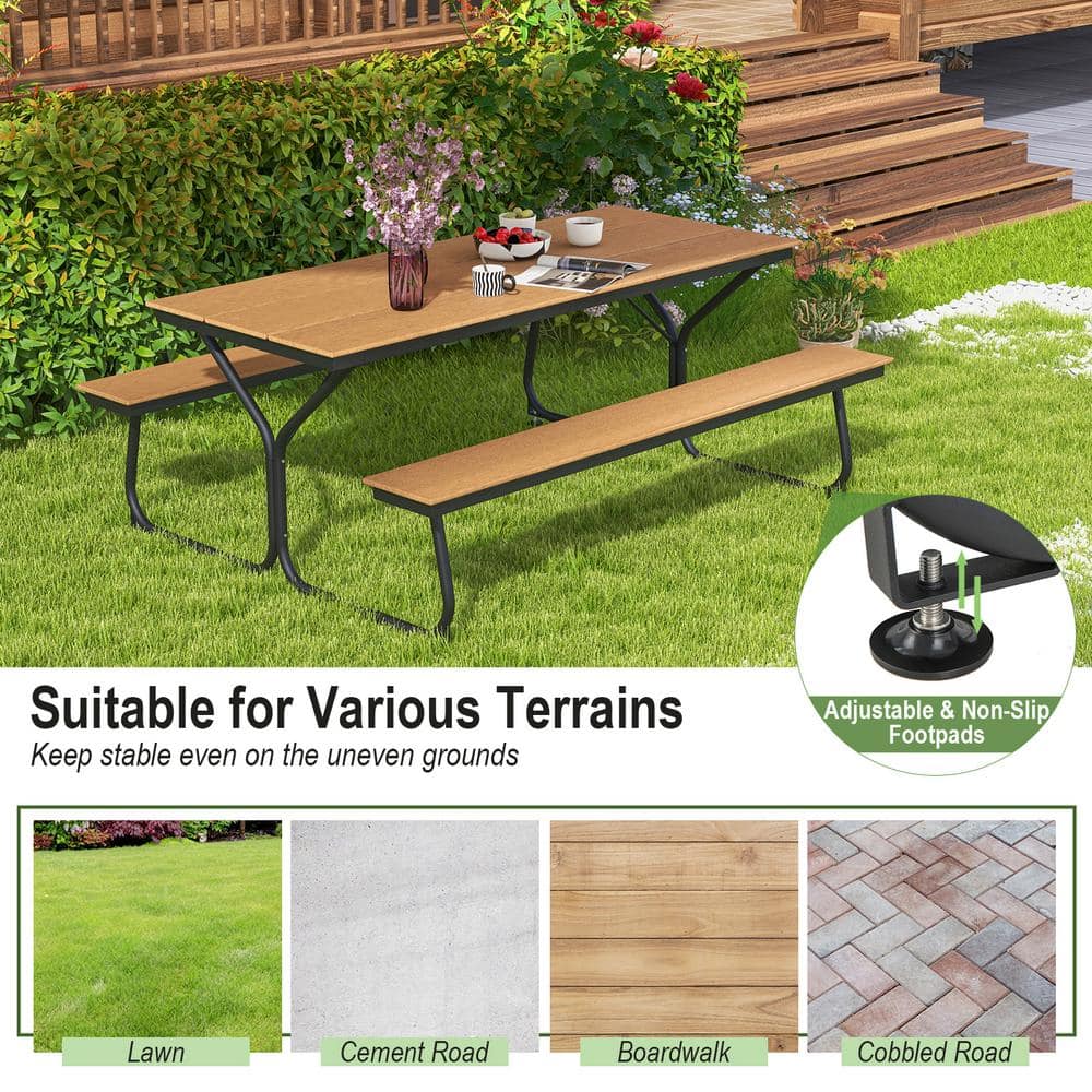 6FT Brown HDPE and Metal Outdoor Picnic Table Bench Set