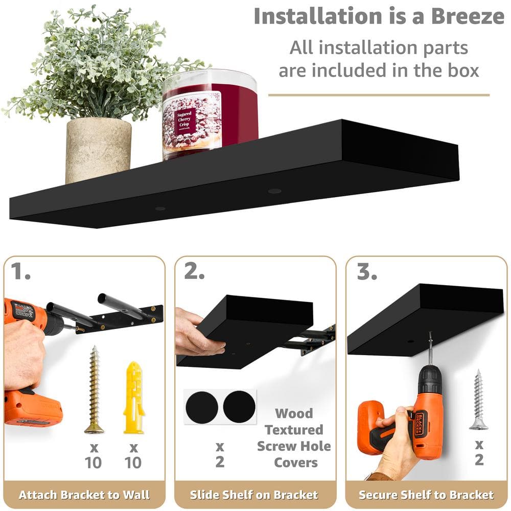 Black Faux Wood Floating Wall Shelves Set of 4