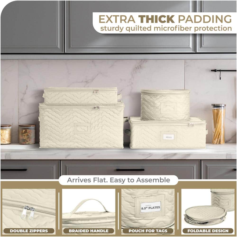 Beige Quilted Fabric Stackable Lidded Plate Storage Set