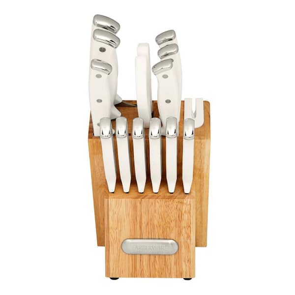 Farberware 14-Piece Edge Keeper Triple Riveted High Carbon Stainless Steel Knife Block Set with Built In Sharpener, White
