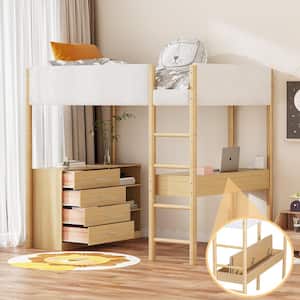 Natural Wood Frame Full Teddy Fleece Upholstered Loft Bed with 4-Drawers, Shelves, Built-in Desk with Hidden Storage