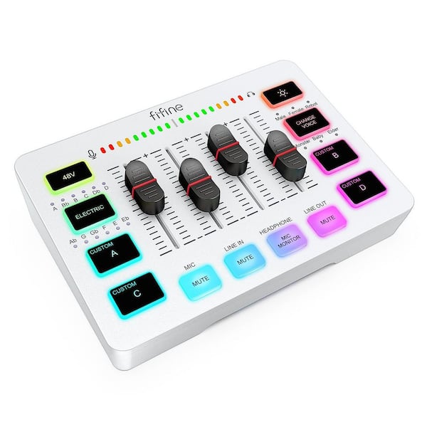 BIBIVIS White Gaming Audio Mixer for Podcast Recording Vocal, Streaming RGB PC Mixer with XLR Microphone Interface