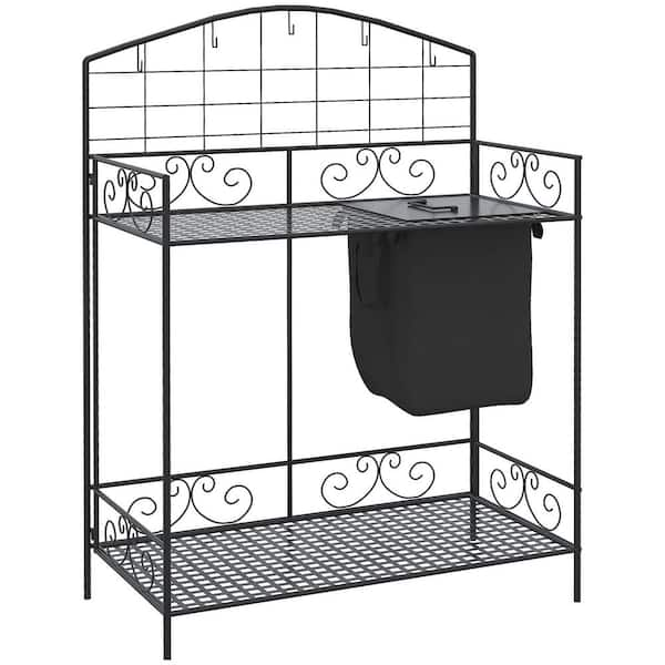 Metal Folding Potting Bench Table with Large Build-In Bag with Cover, 5 Hanging Hooks and Storage Shelf, Flourishes