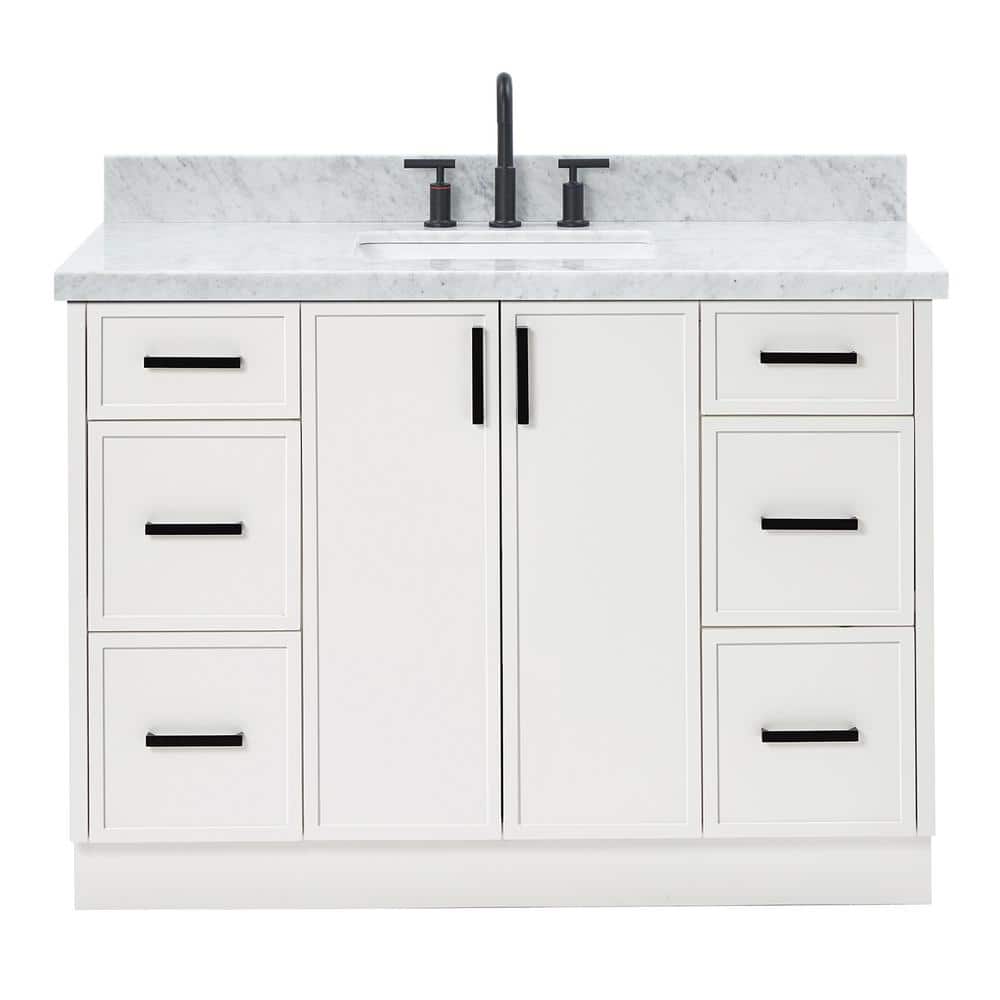 White Marble Top Single Sink Bathroom Vanity with Solid Wood Base