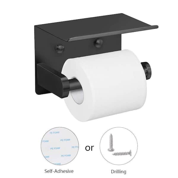 Toilet Paper Holder, Matte Black Toilet Paper Holder with Shelf,Screw or  Self Adhesive Toilet Paper Holder Wall Mount Bathroom Toilet Paper