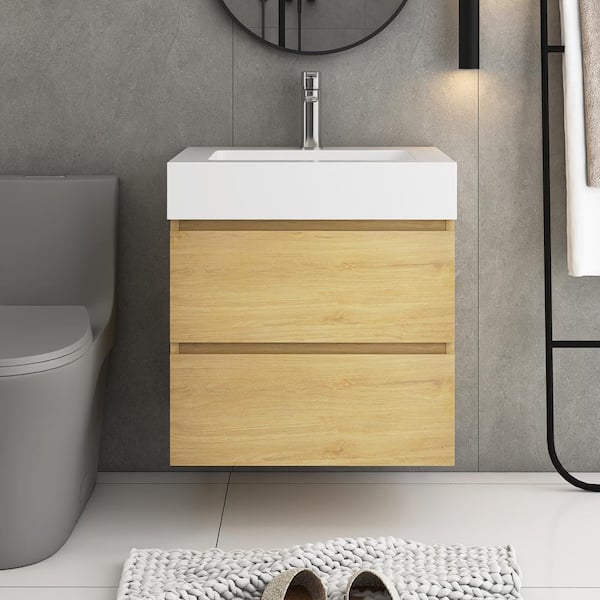 24 in. W x 18 in. D x 25 in. H Single Sink Wall-Mounted Bath Vanity in Oak with White Cultured Marble Top
