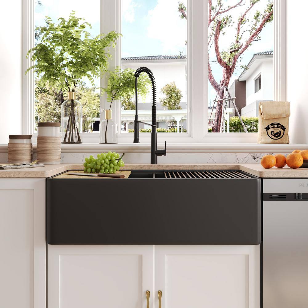 33" Black Fireclay Double Bowl Farmhouse Kitchen Sink with Accessories