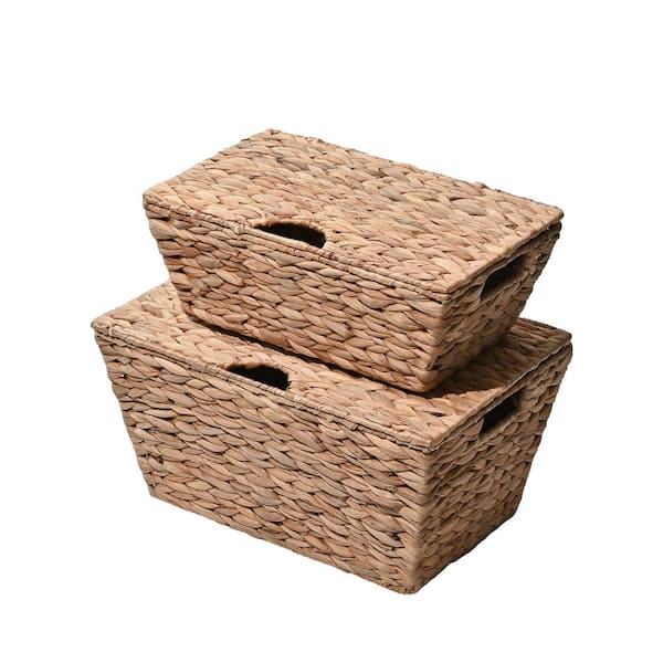 Wilder 15.75 in. x 8.07 in. Metal/Hyacinth Rectangular Natural Storage Decorative Baskets with Lid and Handle (Set of 2)