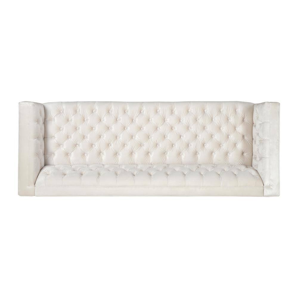 Beige Velvet Tufted Tuxedo 3-Seater Sofa with Wood Frame