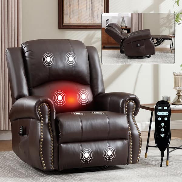 Wine Red 360° Genuine Leather Manual Swivel Rocker Recliner Chair with Massage and Heat, Nailhead Trim, Side Pocket