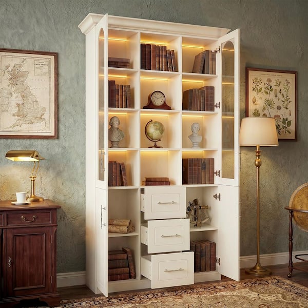 92.5 in. Tall White Engineered Wood 16-Shelf Display Bookcase with Accent Storage Cabinet, Garage Cabinet