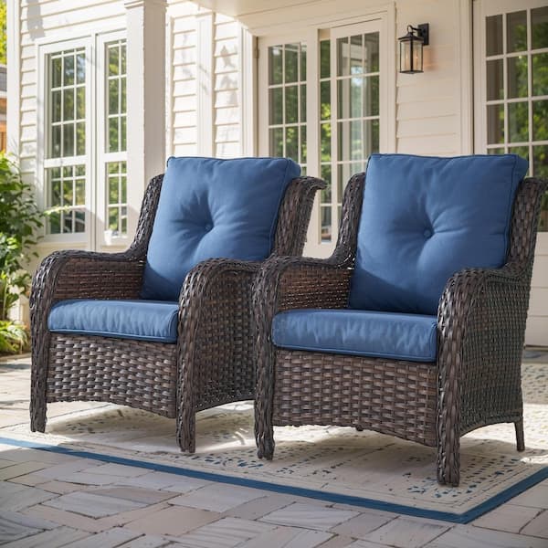 Porch Brown Wicker Outdoor Lounge Chair with Blue Cushions (2-Pack)