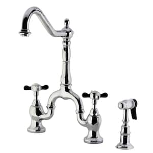 Essex Double Handle Deck Mount Bridge Kitchen Faucet with Brass Sprayer in Polished Chrome
