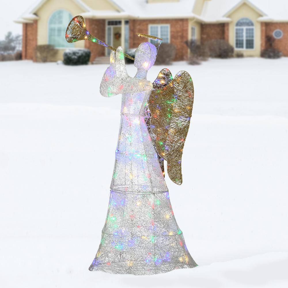 60-Inch White and Gold Sisal Trumpeting Angel with Multicolor LED Lights