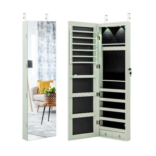 14 in. x 47.5 in. Green Wall Mounted Lockable MDF Jewelry Armoire Organizer Cabinet Box with Mirror and Drawers