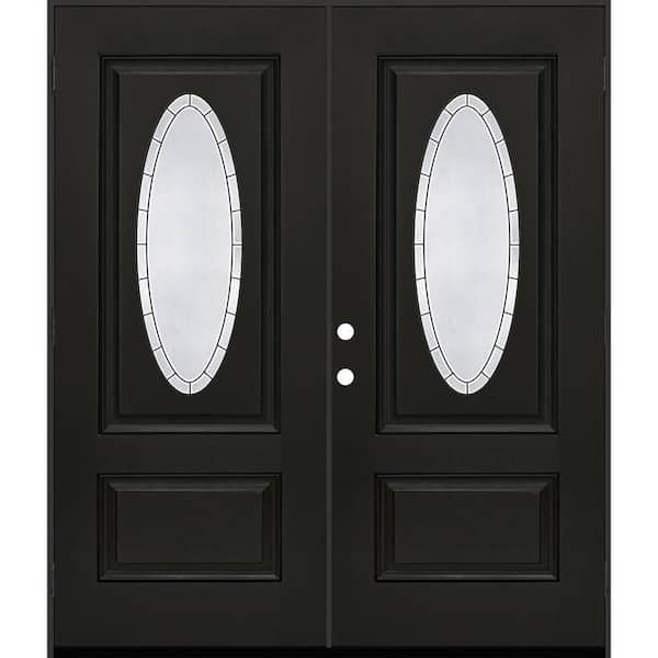 Regency 72 in. x 80 in. 3/4L Oval Empire Deco Glass RHOS Onyx Fiberglass Double Prehung Front Door with 6-9/16 Jamb