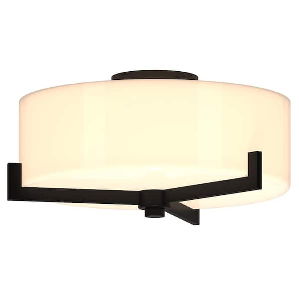 Meyer&Cross Hamlin 17.5 in. 2-Light Blackened Bronze and White Semi Flush Mount with Glass Shade