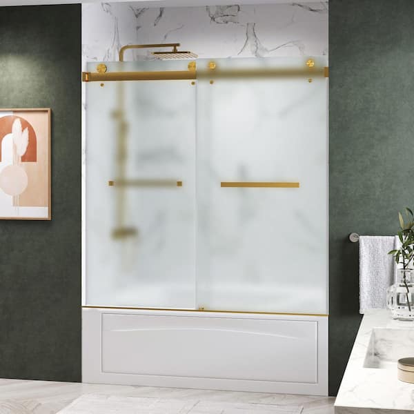 Catalyst 60 in. W x 66 in. H Double Sliding Frameless Tub Door in Brushed Gold with 3/8 in. Etched Glass