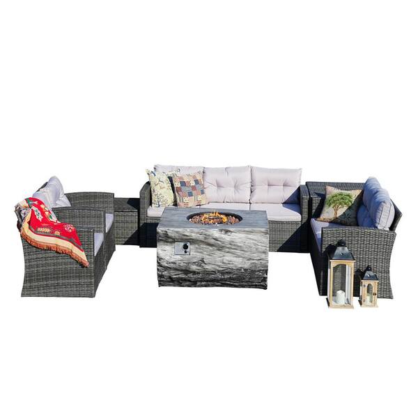 DIRECT WICKER Johnson 7-Piece Wicker Patio Conversation Set Outdoor Gray Firepits with Gray Cushions