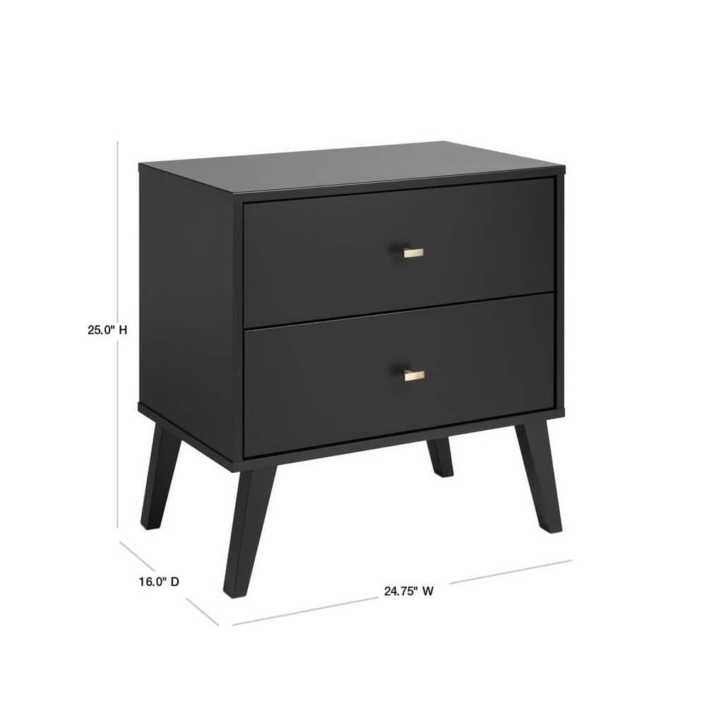 Black Mid-Century Modern 2-Drawer Nightstand with Brass Knobs
