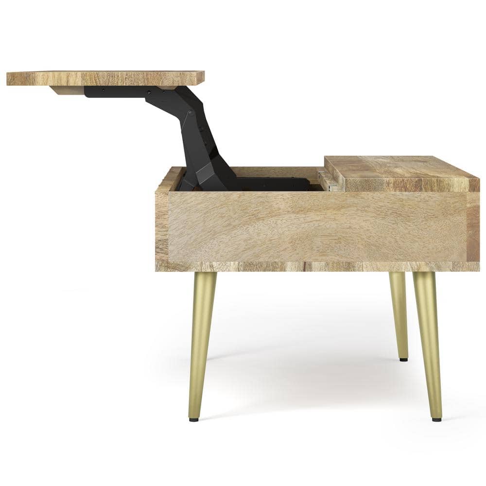 Rectangular Mango Wood Lift-Top Coffee Table with Brass Inlay