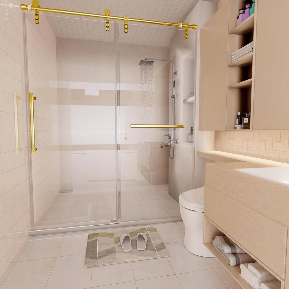 Gold Frameless Sliding Shower Door with Clear Glass and Stainless Steel Handle