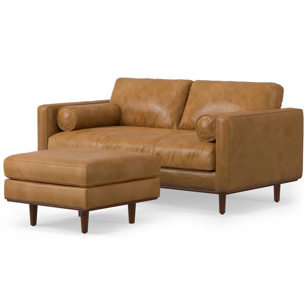 Morrison Sienna Leather Mid-Century Modern Sofa with Ottoman