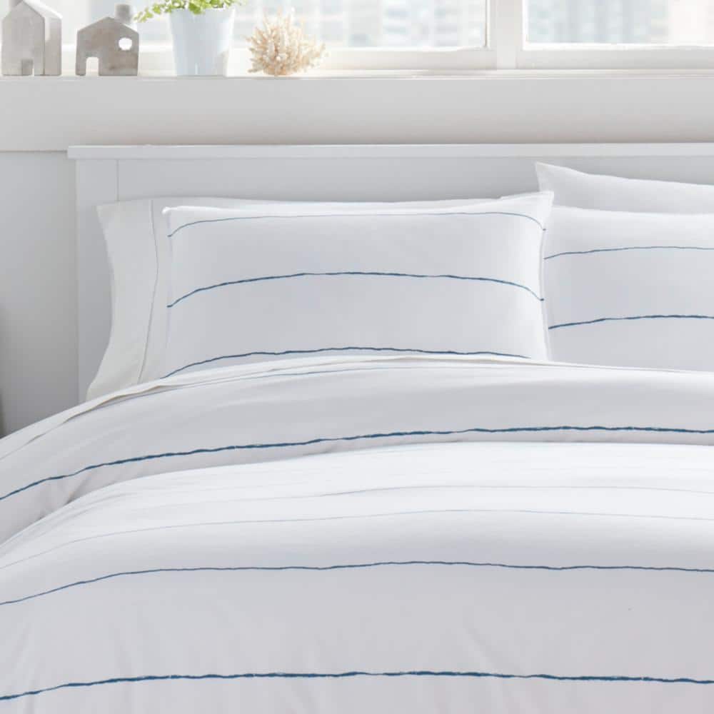 Navy and White Striped Microfiber Full/Queen Duvet Cover Set