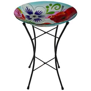 21 in. White and Blue Hand Painted Floral Glass Outdoor Patio Birdbath