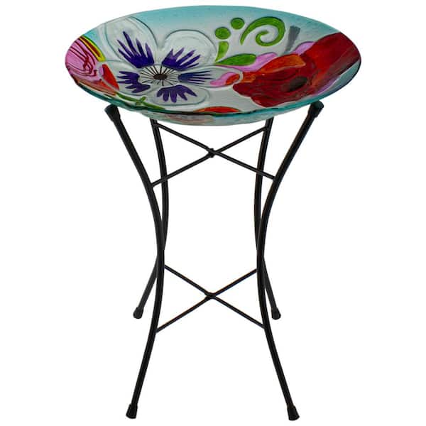 Northlight 21 in. White and Blue Hand Painted Floral Glass Outdoor Patio Birdbath