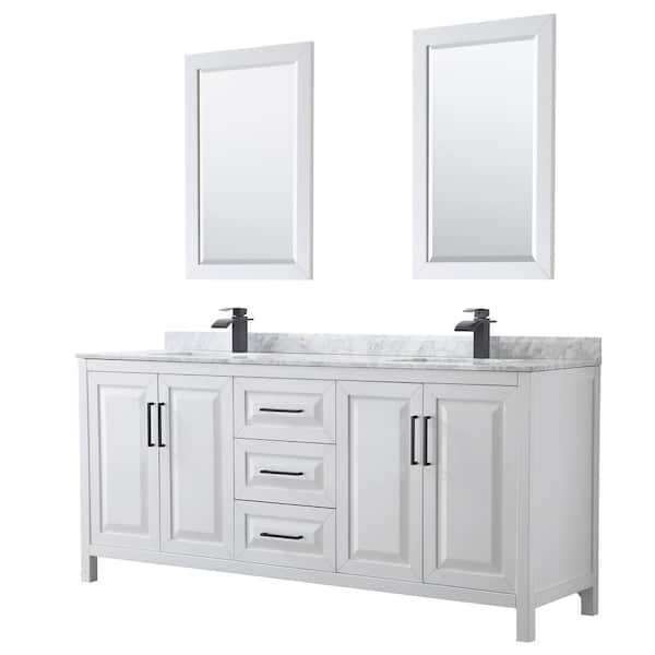 Wyndham Collection Daria 80 in. W x 22 in. D x 35.75 in. H Double Bath Vanity in White with White Carrara Marble Top and 24 in. Mirrors