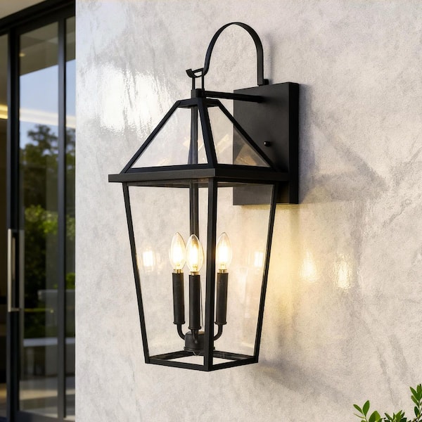 26 in. 3-Light Sand Black Hardwired Large Outdoor Wall Light Lantern Porch Sconce with Clear Glass, No Bulbs Included