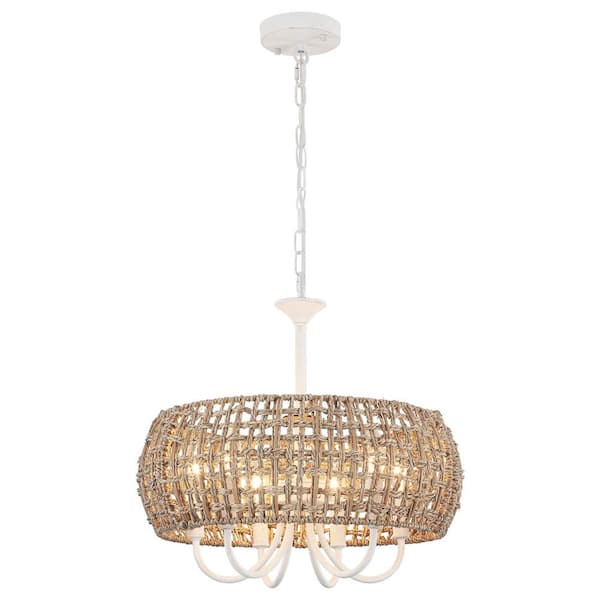 ADSENSTY 18 in. 6-Light White and Brown Natural Rattan Bohemian Drum Chandelier Farmhouse Pendant Light