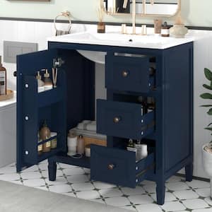 30 in. W Freestanding Bath Vanity in Blue with White Ceramic Basin, Three Drawers Top, and Two Door Shelves