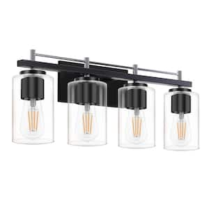 Farmhouse 24 in. 4-Light Chrome and Black Bathroom Vanity Light with Glass Shade