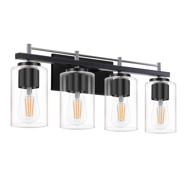 HKMGT Farmhouse 24 in. 4-Light Chrome and Black Bathroom Vanity Light with Glass Shade