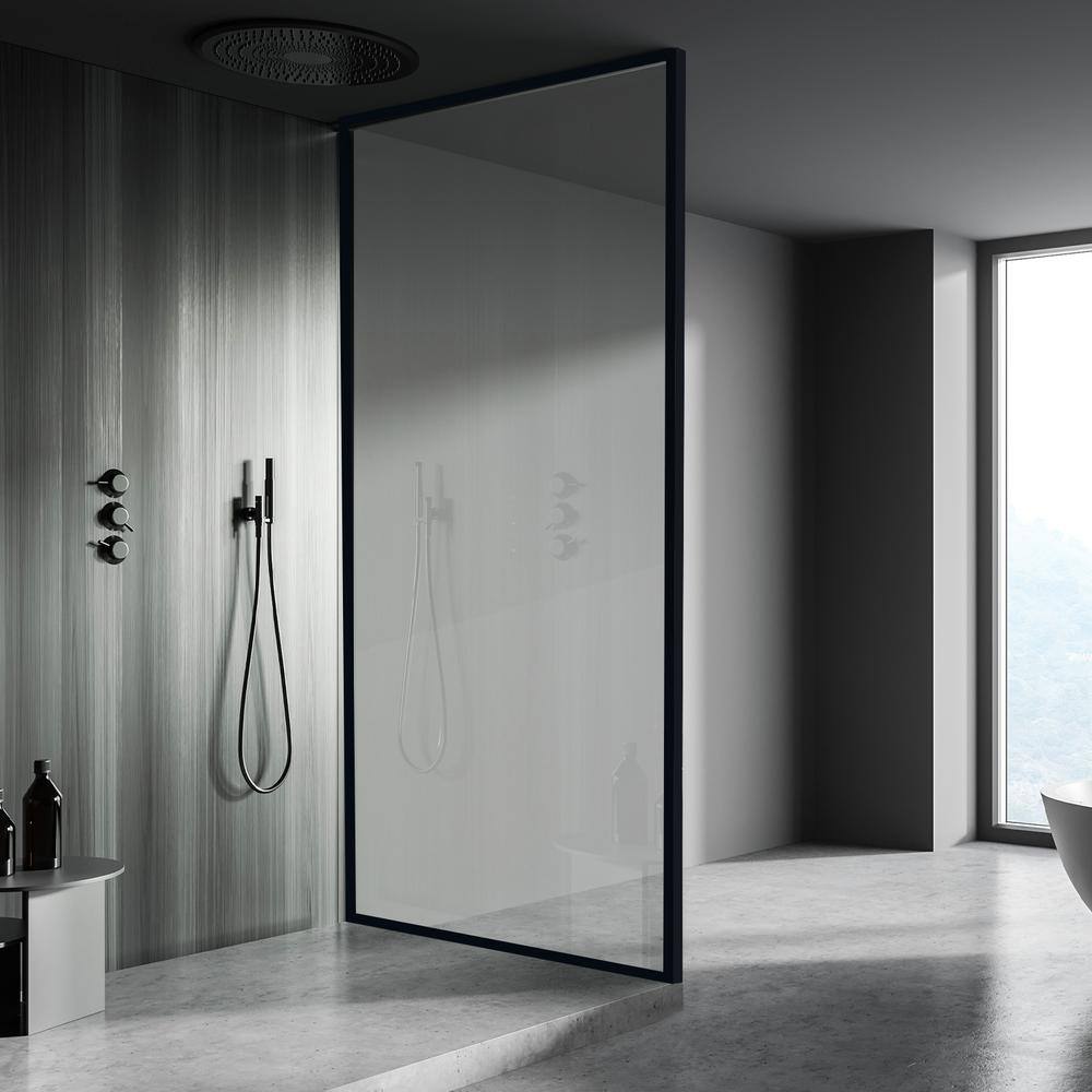 Velvon 34" x 74" Matte Black Framed Fixed Glass Shower Panel