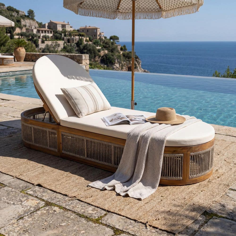 Arvio Solid Wood Outdoor Patio Chaise Lounge with 2-Fold Cream Cushion, Teak Finish + Brown Rope