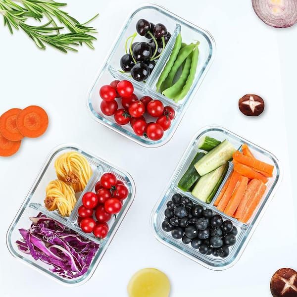 Aoibox 5 Pack/36 oz. Glass Meal Prep Containers with Lids and 3 Compartment, BPA-Free, Gray, Clear