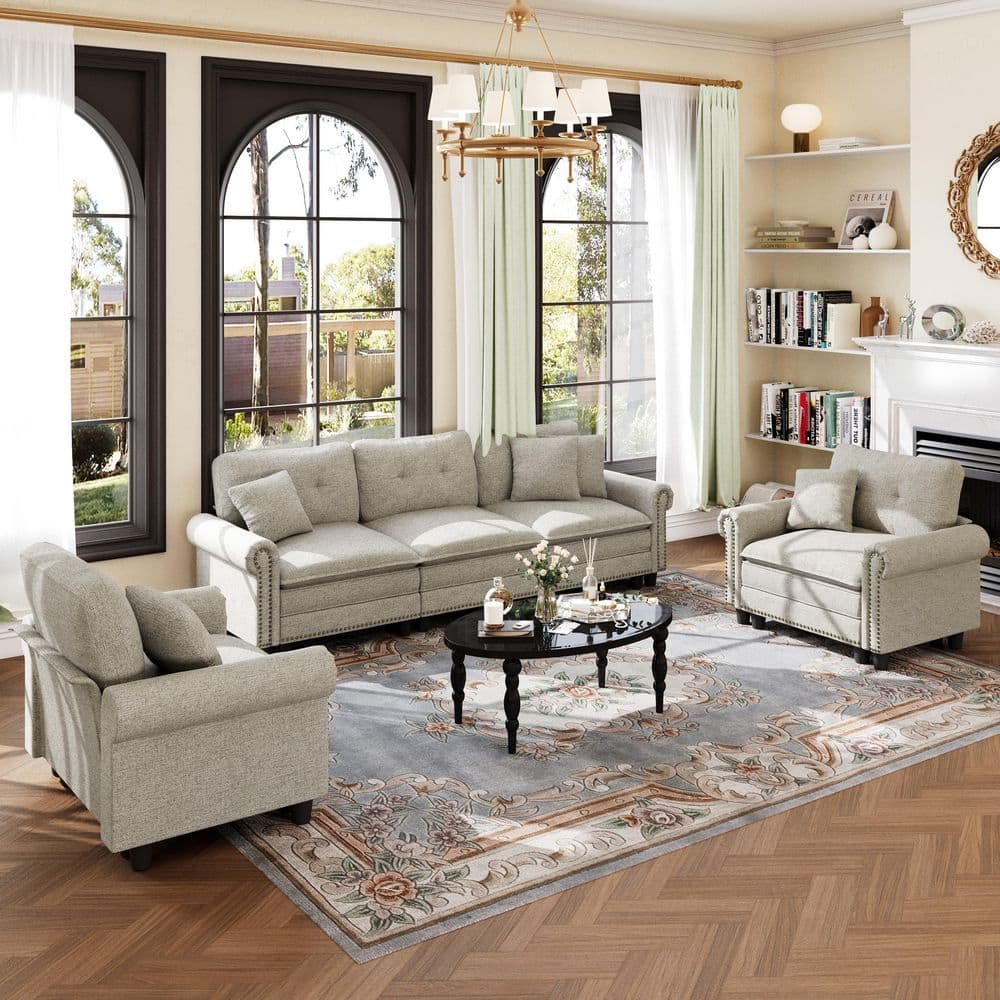 113.8 in. Roll Arm 5-Seat Linen-like Fabric Modular Sectional Sofa in Gray with Throw Pillows