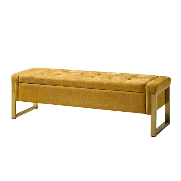 JAYDEN CREATION Alina Mustard Modern Upholstered Flip Top Storage Bench with Metal Legs