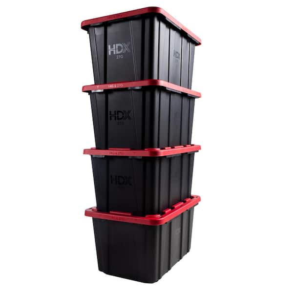 HDX 27 Gal. Tough Storage Tote in Black with Red Lid (4-Pack