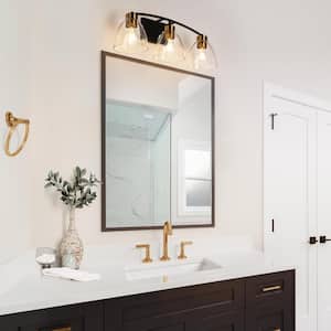 Modern 22.8 in. 3-Light Black and Brass Bath Vanity Light with Bell Clear Glass Shades Classic Wall Light LED Compatible