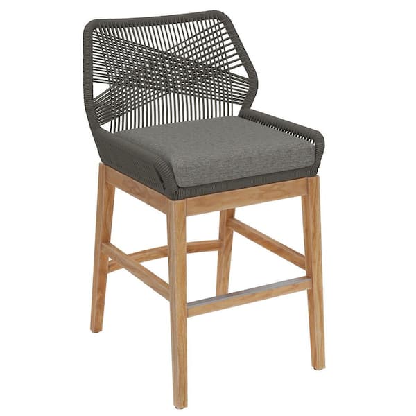 Wellspring Gray Stackable Teak Outdoor Bar Stool with Graphite Gray Cushion