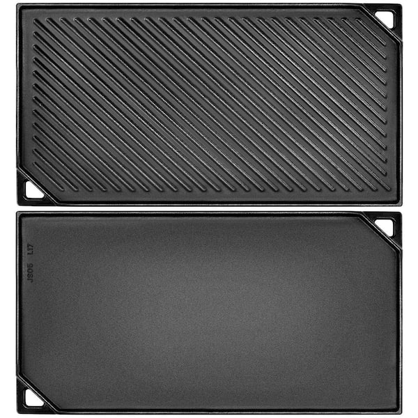 16.5 in. x 9.5 in. Double-Sided Cast Iron Griddle Matte Black Reversible Flat Ribbed Pan Gas Grill Compatible 1 Piece
