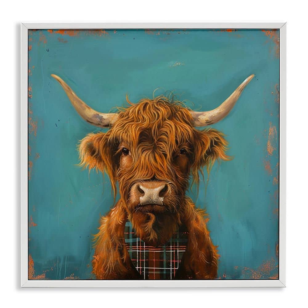 Highland Cow on Blue by LSR Design Studio White Framed Animal Giclee Art Print 12 in. x 12 in. price history on PriceWatchPro