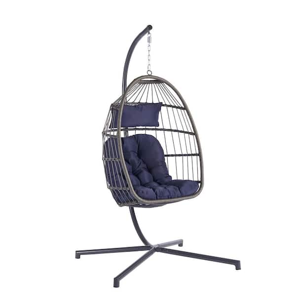 Cesicia 1-Person Gray Metal Porch Swing Egg Chair with Stand and Blue Cushion