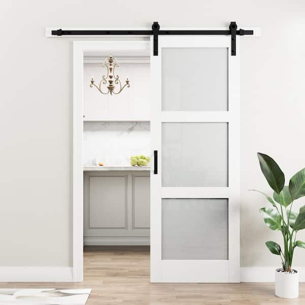 EH PUERTA 30 in. x 84 in. 3 Lite Tempered Frosted Glass White Finished Composite MDF Sliding Barn Door Slab with Hardware Kit